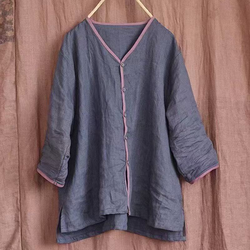 Summer Cotton and Linen Tops for Women 2025 New Style Artistic Shirt Tops for Women Loose Large Size Three-Quarter Sleeves V Neck Retro Trend