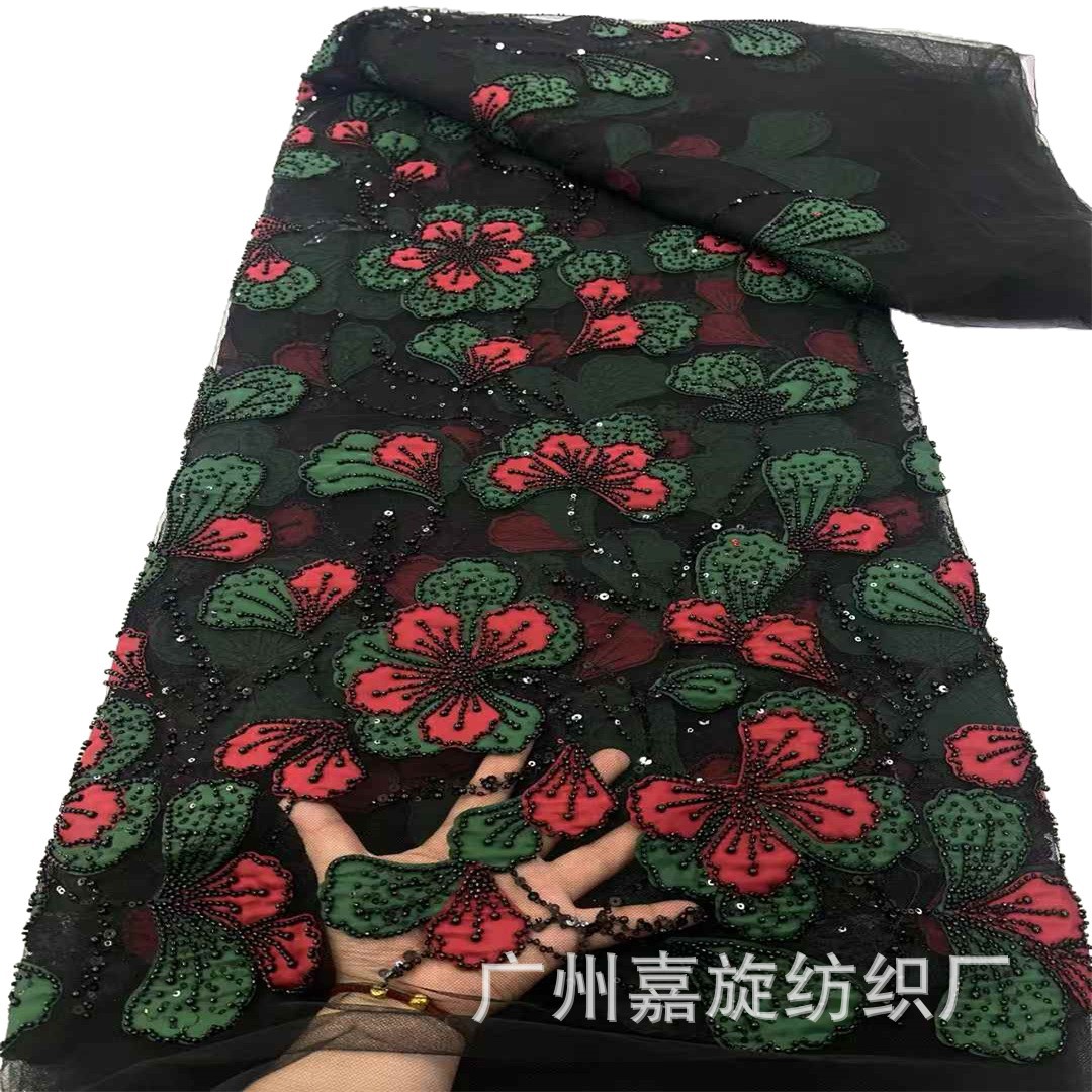 Nueva malla, cuentas, hojas pequeñas, correas, tela bordada tres en uno, tela de moda de vestido de novia de estilo Hepburn de Sudáfrica
