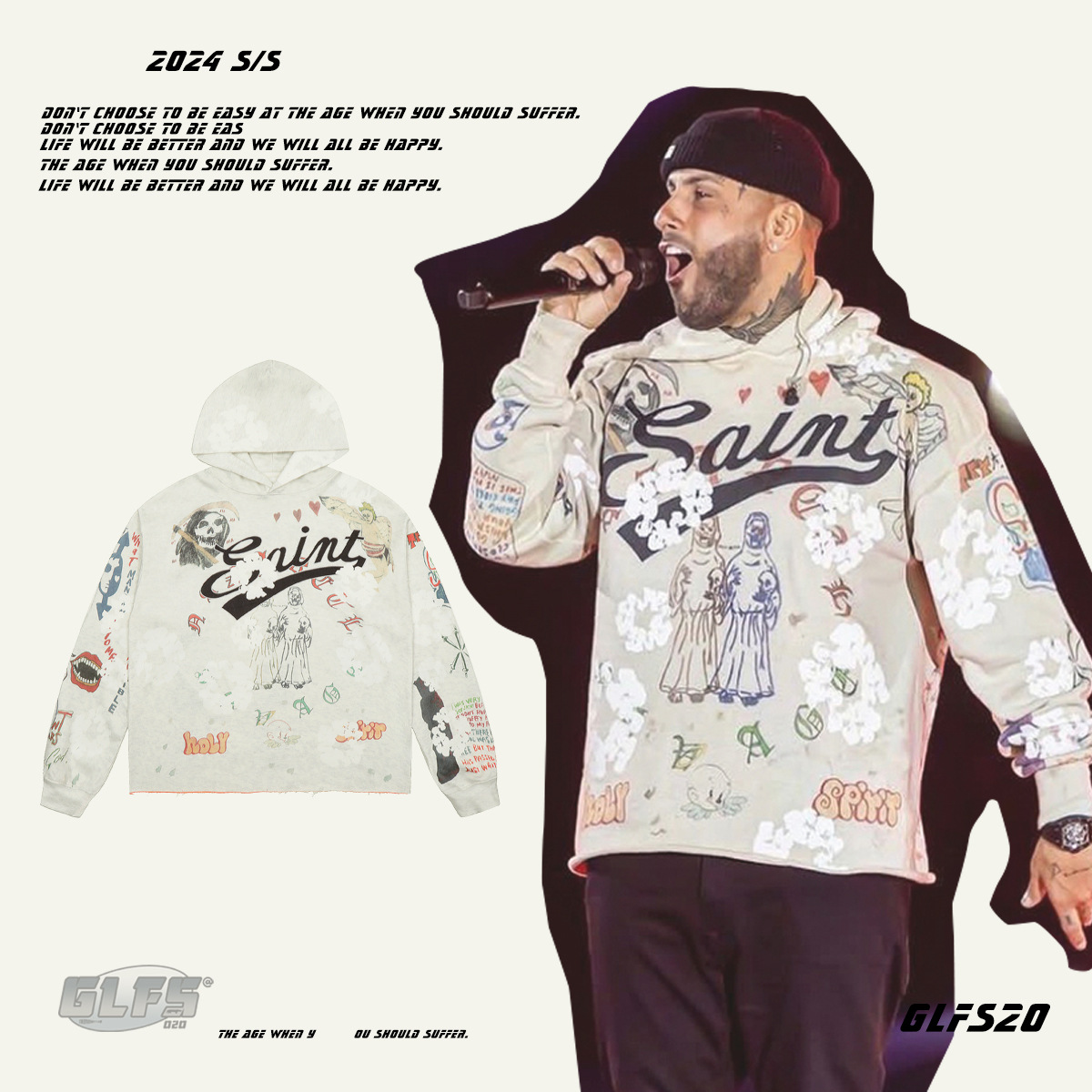 GLFS 2024 하이 스트리트 꽃 낙서 두개골 인쇄 유럽과 미국의 느슨한 청소년 커플 후드 남성 스웨트 셔츠