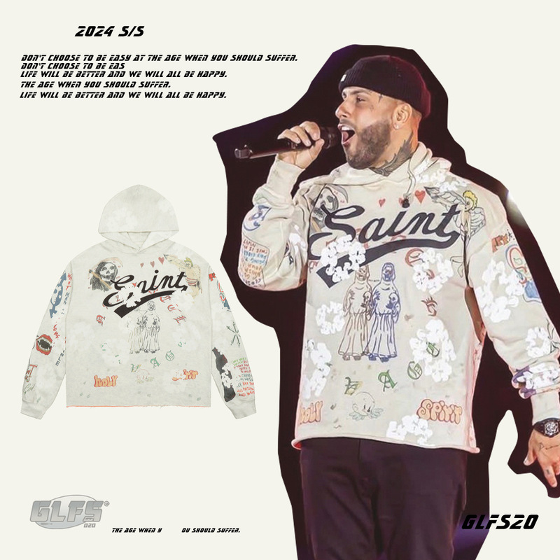 GLFS 2024 High Street Flower Graffiti Skull Print European and American Loose Youth Couple Hooded Men's Sweatshirt