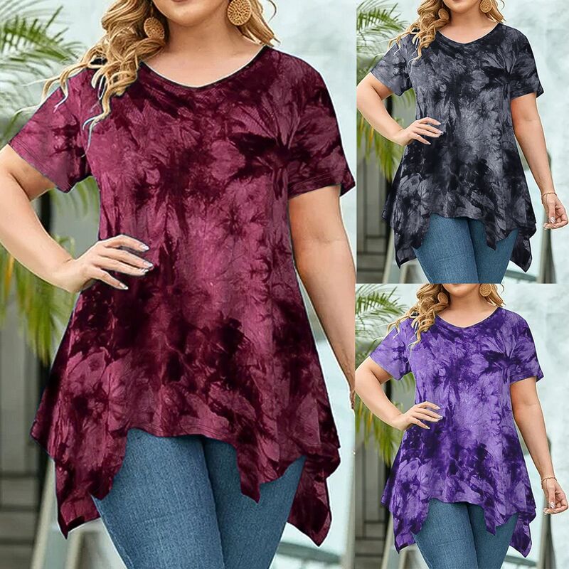 2025 European and American Amazon Cross-Border Large Size Fashionable Women's Tie-Dye V-Neck Hem Asymmetrical Short-Sleeved Loose Top 2025 European and American Amazon Cross-Border Large Size Fashionable Women's Tie-Dye V-Neck Hem Asymmetrical Short-Sleeved Loose Top