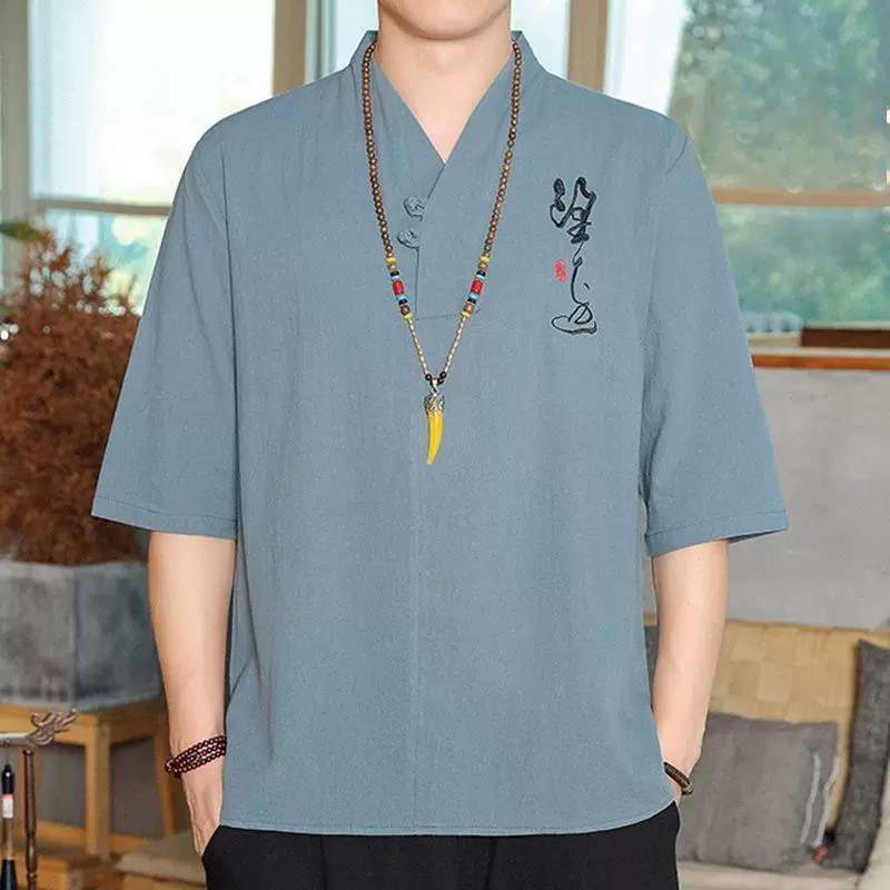 2023 новый китайский стиль футболка с короткими рукавами мужской V-образным вырезом свободный хлопок и конопляная вышивка