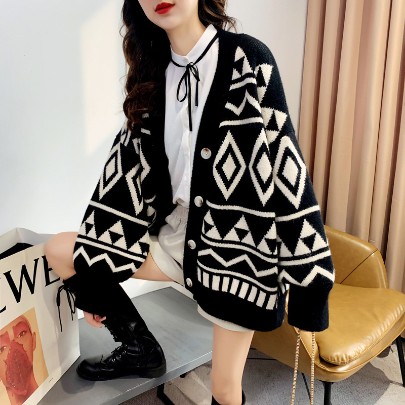Stylish Geometric Diamond Knitted Cardigan Women's Spring Thickened Laid-back Loose Outer Wear Mid-length Sweater Coat