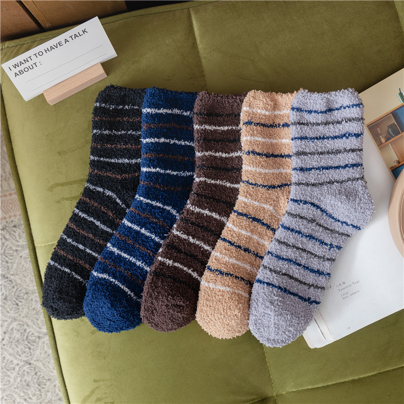 Men's Slippers, Winter Coral Velvet Socks, Floor Socks, Sleeping Socks, Mid-Calf Socks, Striped Crew Sailor Cross-Border Amazon