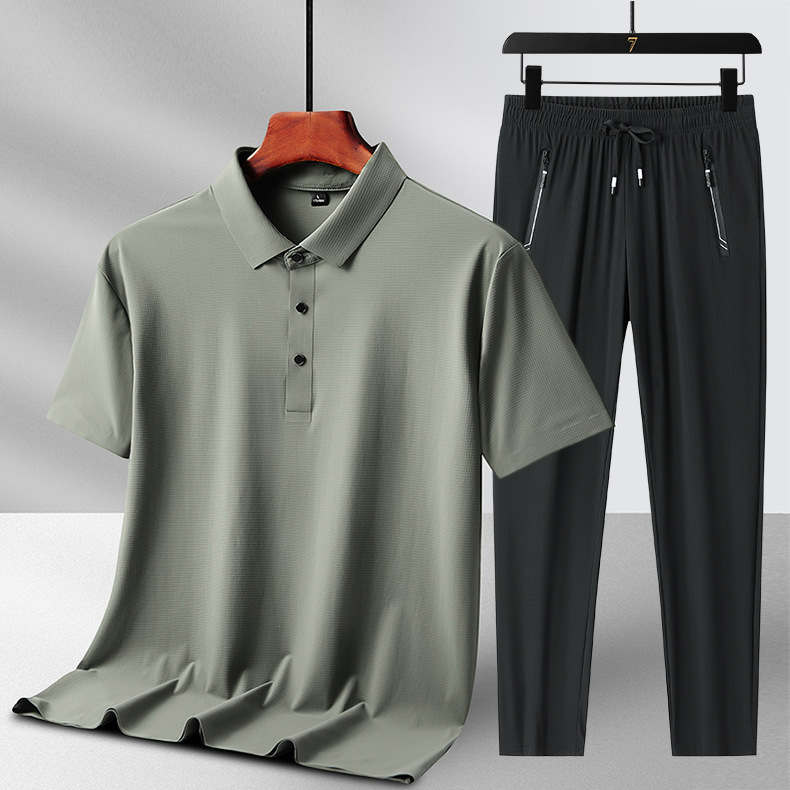 Summer Ice Silk Short-Sleeved Trousers Suit Men's Casual Sportswear Dad Middle-Aged and Elderly Father's Day Gift Two-Piece Set Summer Ice Silk Short-Sleeved Trousers Suit Men's Casual Sportswear Dad Middle-Aged and Elderly Father's Day Gift Two-Piece Set