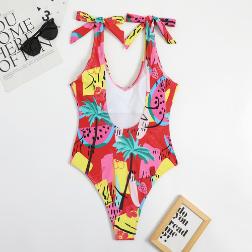 New multi-color printed sweetheart neckline bow European and American women's triangle one-piece beautiful back sexy swimsuit bikini