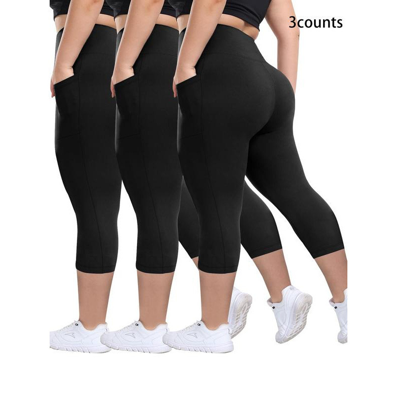 Cross-Border Plus Size Plain Pocket High Waist Capris Leggings Casual
