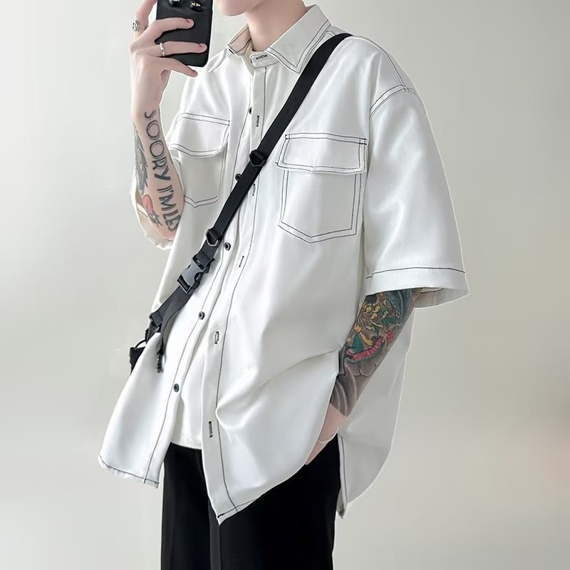 Workwear Short-Sleeved Shirt for Men, Summer Thin Style, Japanese and Hong Kong Style, Retro Casual Loose Student Half-Shirt Jacket, Trendy