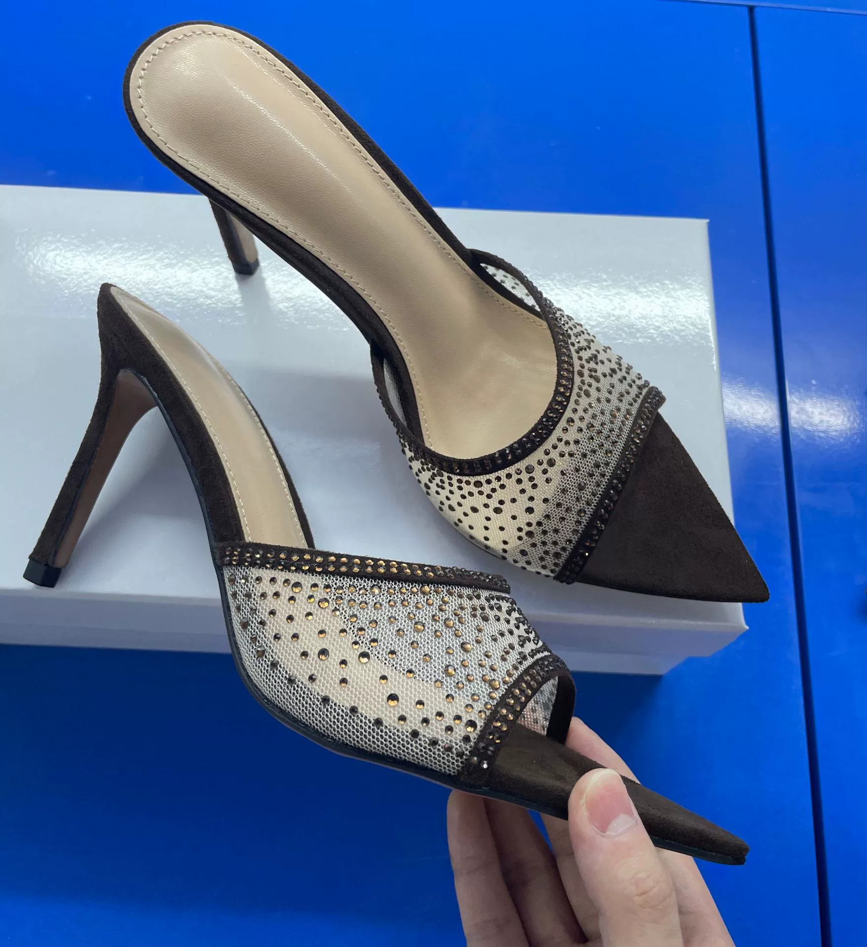 Туфли- Mule на летний pointed-toe на высоком каблуке, стразовая сетка, подошва PU, каблуки 7 / 8,5 см (размеры 34–42)