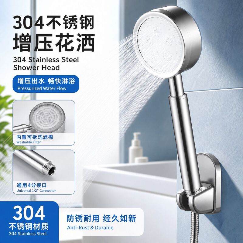 Cross-border pressurized stainless steel showerhead, rust-resistant and wear-resistant, flexible and versatile handheld stainless steel showerhead, excellent for home use Cross-border pressurized stainless steel showerhead, rust-resistant and wear-resistant, flexible and versatile handheld stainless steel showerhead, excellent for home use