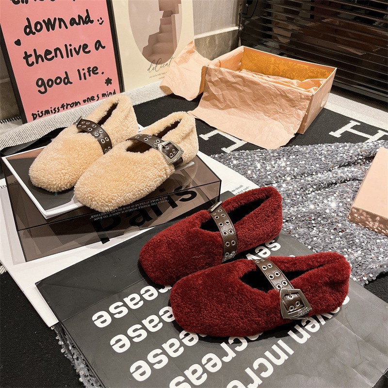 韩版一字玛丽珍秋冬新款豆豆女鞋加绒平底毛毛鞋单鞋棉瓢鞋