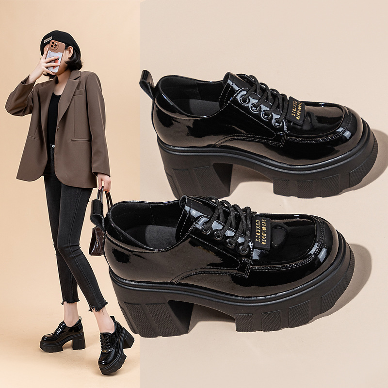 내부 높이 증가 로퍼 여성의 작은 새로운 하이힐 블랙 두꺼운 밑창 가죽 신발 두꺼운 힐 레이스 업 영국 스타일 올매치