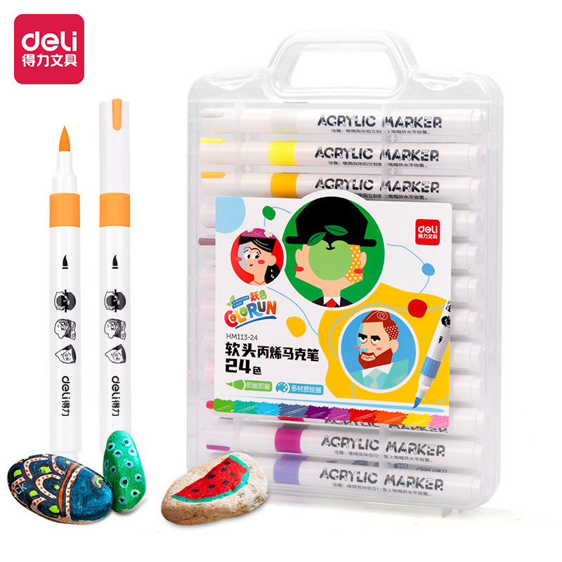 デリ アクリルマーカー 箱入り 細丸棒 三角棒 不透明色 重ね塗り可能 手を汚さない 絵筆 アート|undefined