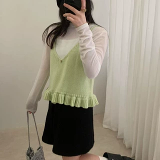 韩系叠穿V领木耳边针织吊带上衣女春秋季新款宽松短款毛衣背心女