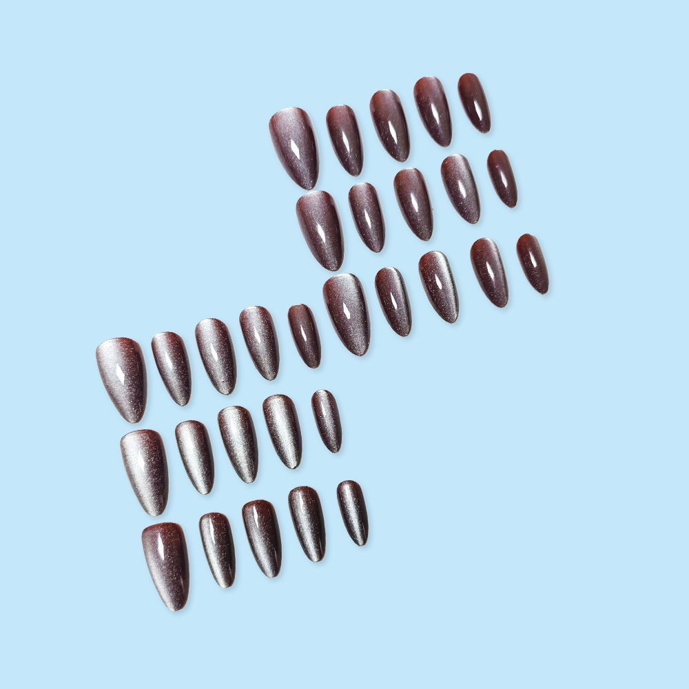 Ins marrón oscuro gradiente de ojos de gato blanqueamiento de uñas 30 piezas de uñas de almendras, uñas falsas de manicura, lote mixto transfronterizo image 4