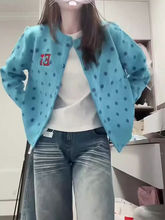 美式复古波点蓝色开衫毛衣外套女早秋季短款软糯慵懒风针织衫上衣