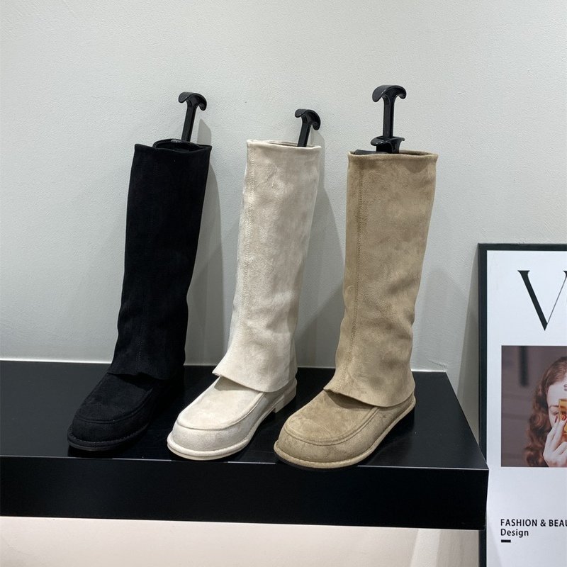 2025 Autumn New Style Chanel-Inspired Suede Round-Toe Flat Lightweight Comfortable Versatile Women's High Boots Trendy