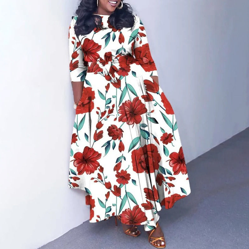 Plus Size African Print Maxi Dress Stylish Floral Design Tie Neck Flowy Silhouette Spring Summer Occasion Wholesale