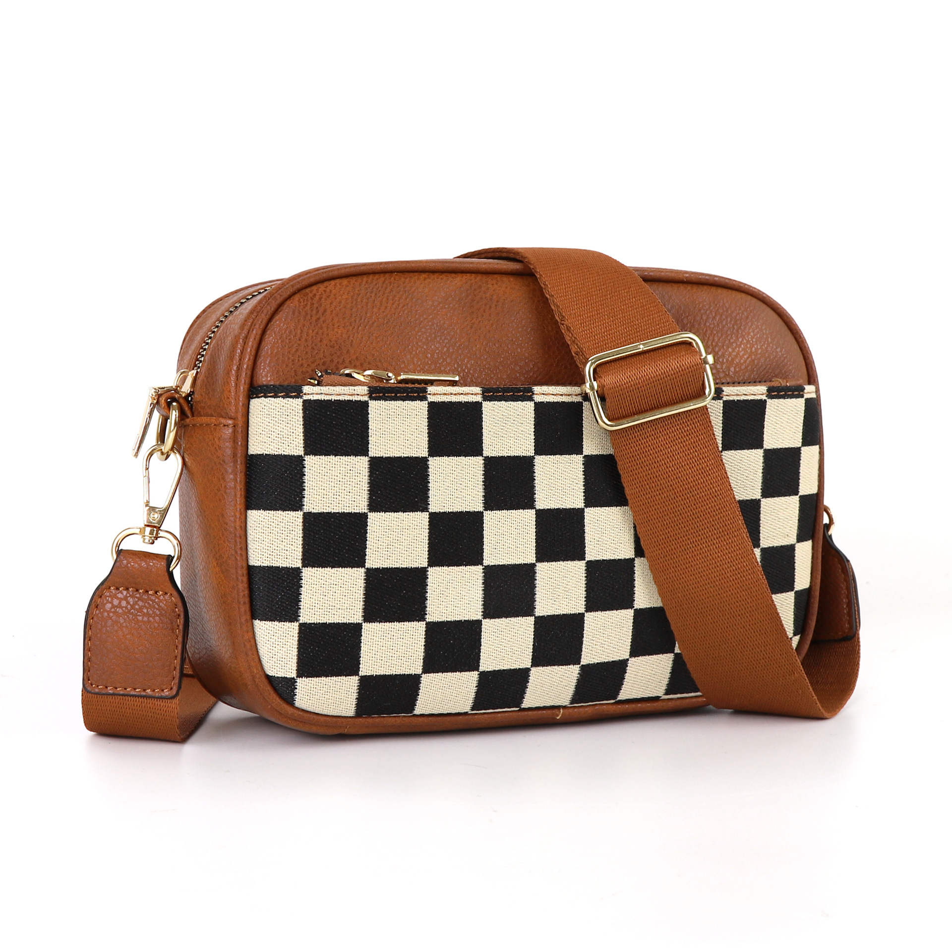 En stock Amazon Venta caliente acolchado bordado Plaid color a juego retro hombro bolsa cremallera hombro Correa mensajero bolsa cartera pequeña bolsa cuadrada