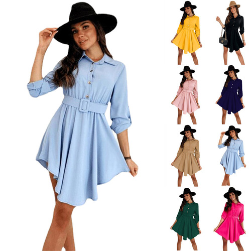 Wish Amazon 2024 Spring New Arrival European and American Style Color-Blocked Puff-Sleeved Waist-Slimming Shirt Long-Sleeved Solid-Color Dress