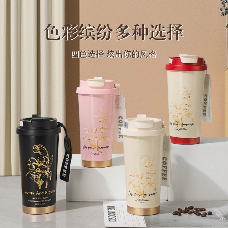 Taza de aislamiento de orquídea de alta visualización 316 taza de café de acero inoxidable portátil con cuerda de elevación taza de paja de automóvil