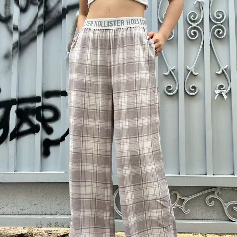 Hollister Little Seagull Sky Blue Plaid Letter Ribbon Casual Pants Pajamas Casual Easiest for Match Women Super Hot