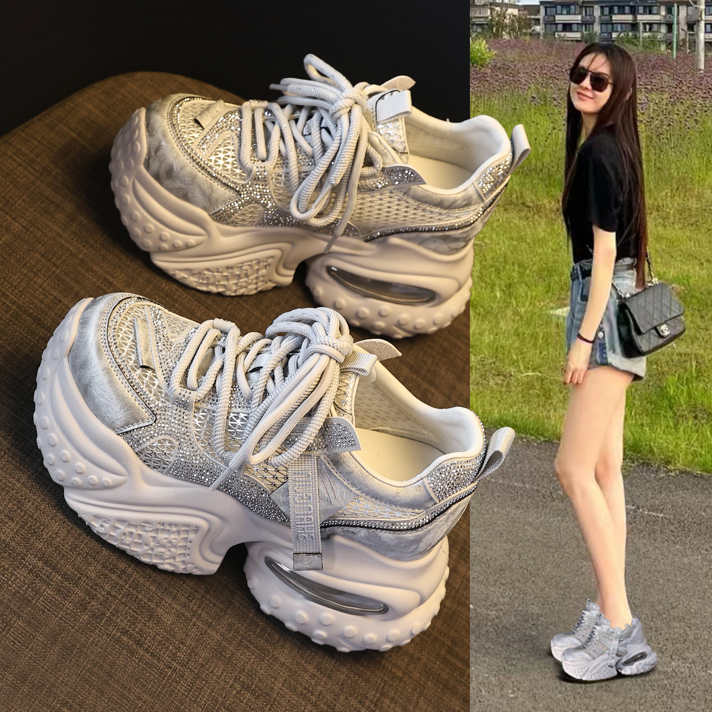 Giày sneaker nữ đế dày lưới thoáng khí đính đá pha lê — màu trắng