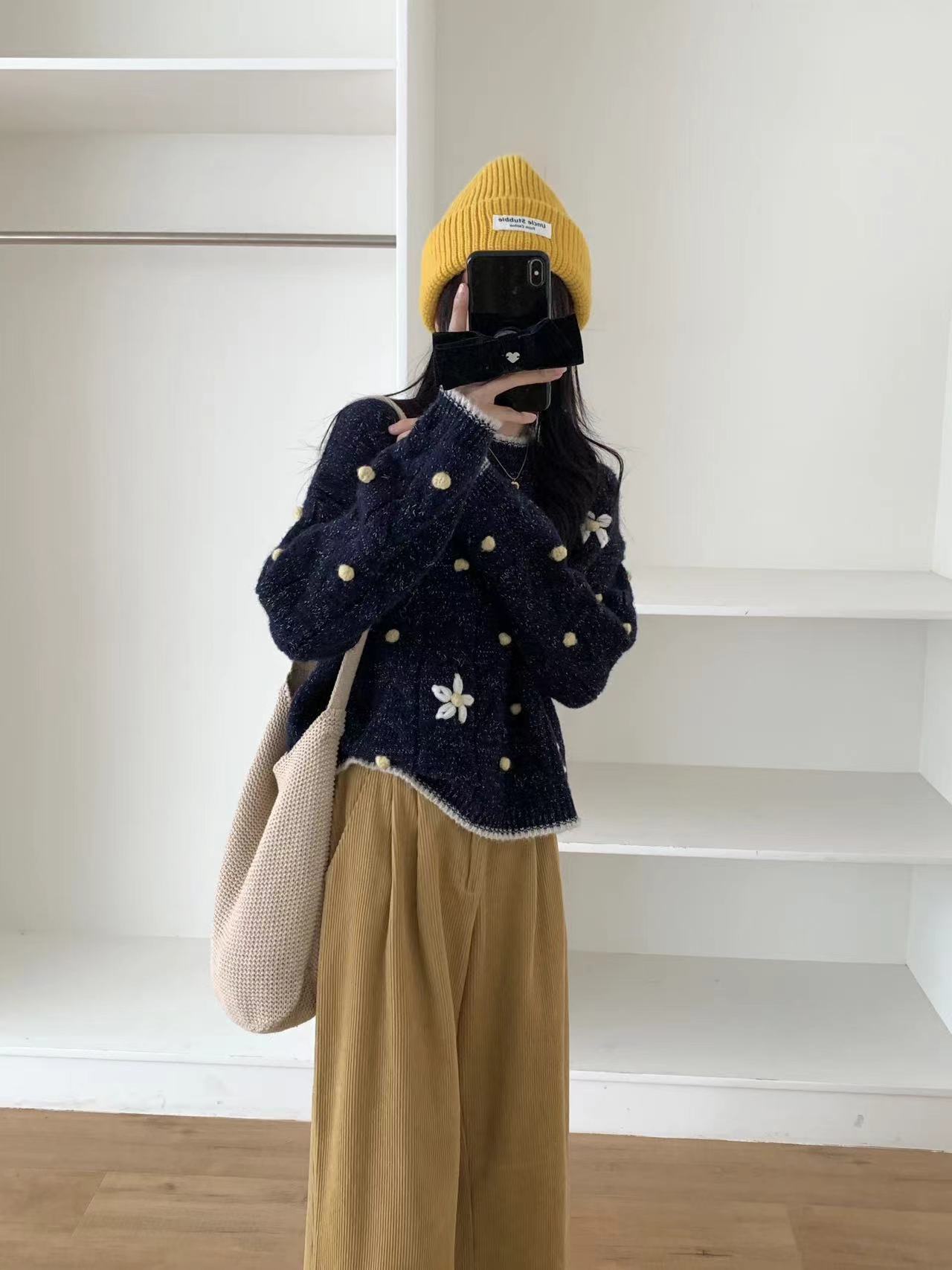 industria pesada coreana gancho de flores de cuello redondo suéter glutinoso suave para mujeres otoño 2024 nuevo viento flojo suelto jersey de jersey de punto
