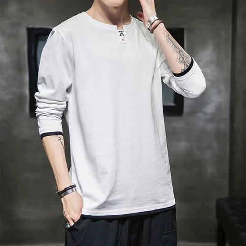 Men's Spring and Autumn Long Sleeve T-shirt Pure Color Crew Neck Autumn Trend Brand Fashion Top for Layering Autumn Base Shirt