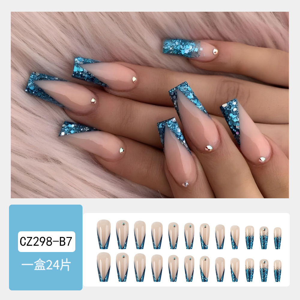 Polvo de brillo azul de mar profundo manicuría francesa comercio exterior perforación de moda dulce y fresca chica caliente estilo de vestir uñas 24 piezas de parche de uñas falsas