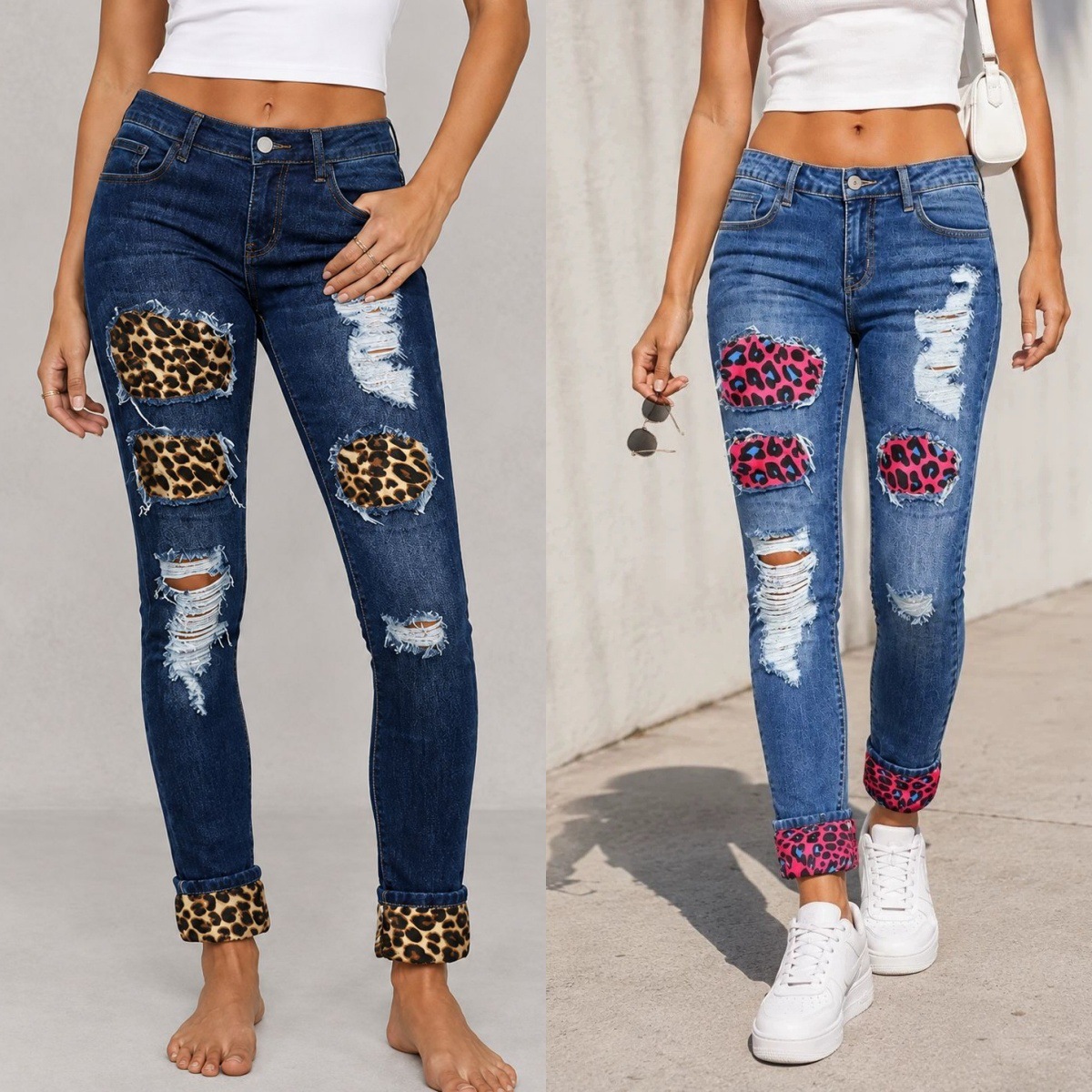 European and American New Style Women's Clothing Cross-Border Slim-Fit Ripped Leopard Print Patchwork Rolled Hem Denim Skinny Pants