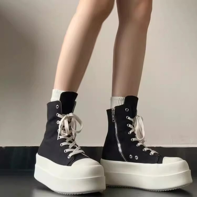 新款黑色松糕底高帮帆布鞋女港风国潮耐磨板鞋厚底防滑耐磨休闲鞋|undefined