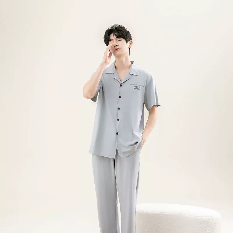 Set, pijama, cotton men's summer thin trousers for leisure, with short sleeve, plus size, wholesale