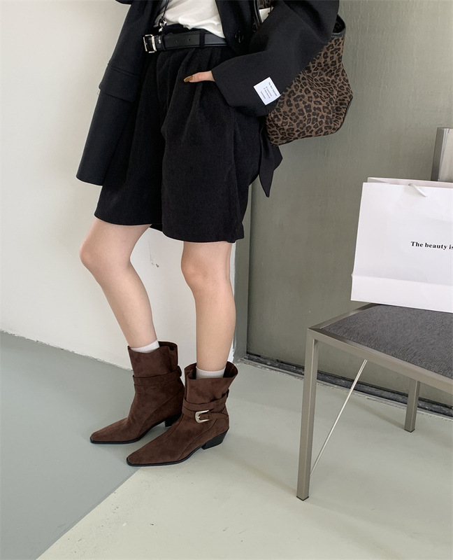 做旧方头粗跟短靴女马丁靴秋冬新款皮带库中跟擦色短靴女|undefined