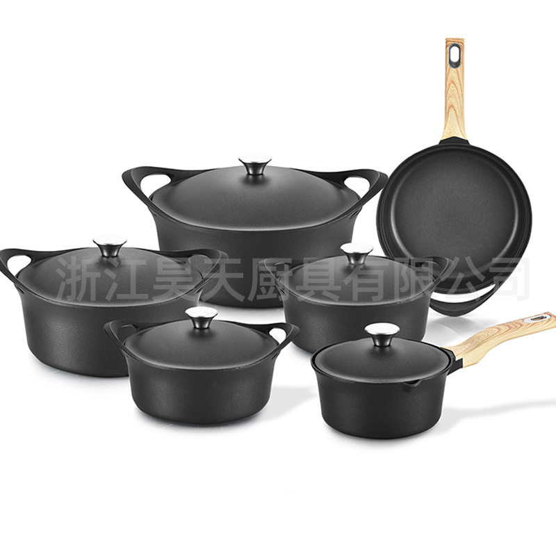 Juego de 10 piezas de sartenes antiadherentes, olla de sopa de piedra médica, sartén de fondo plano, juego de utensilios de regalo de alta gama, venta al por mayor transfronteriza