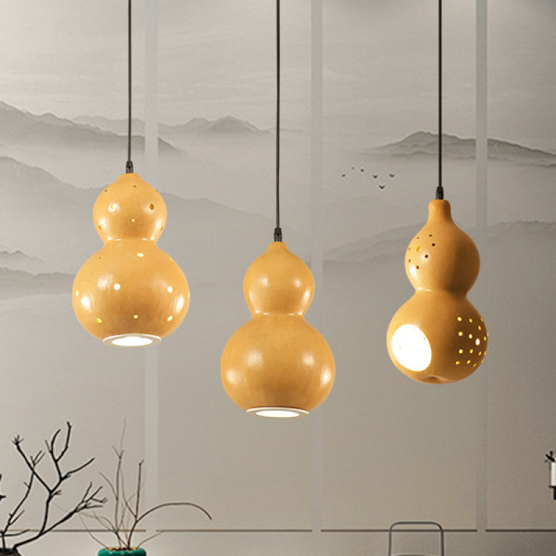 New Chinese-Style Wooden Carving Chandelier with Natural Gourd Shape, Led Dining Room and Homestay Feng Shui Chandelier Suitable for 5-10 Square Meters