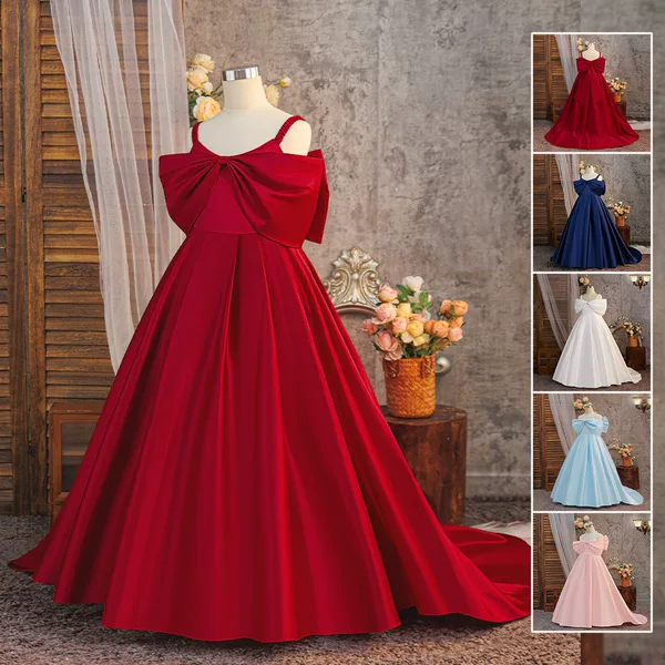 Cross-Border Children's One-Shoulder Big Bow Long Princess Dress Party Evening Dress Small Host Performance Dress Children's Dress