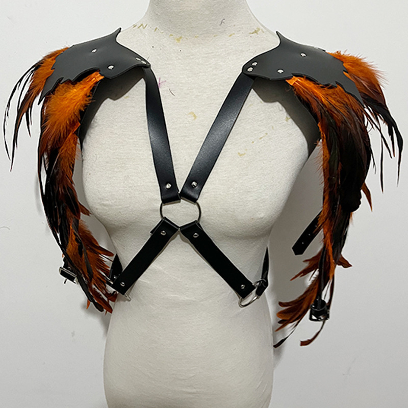 Gothic Punk Style Leather Suspenders Strap Feather Shawl Halloween Stage Show Costume Accessories