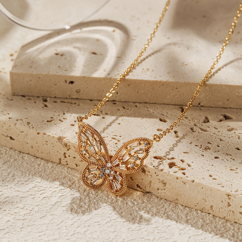 Butterfly Necklace High-end Hollow Design Elegant Clavicle Chain Copper Plated 18K Real Gold Chain O-Shape Fashionable Jewelry