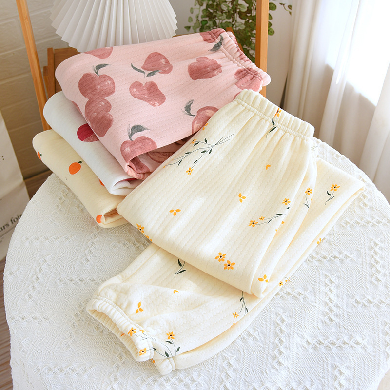 Autumn and Winter Pajama Pants Warm Women's Cotton Sandwich Trousers Air Cotton Warm Pants Three-Layer Thickened Loose Home Pants