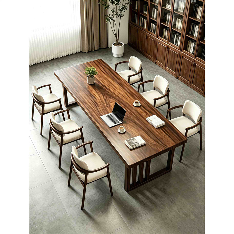 Black Walnut Wood Long Desk for Living Room, Modern Minimalist Home-Use Solid Wood Long Writing Desk and Work Station