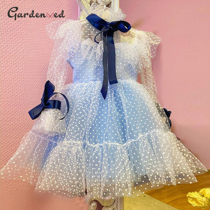 Nuevo Comercio exterior vestido de novia para niños europeos y americanos malla de manga larga para niñas Rendimiento De Cumpleaños princesa vestido MIDI verano