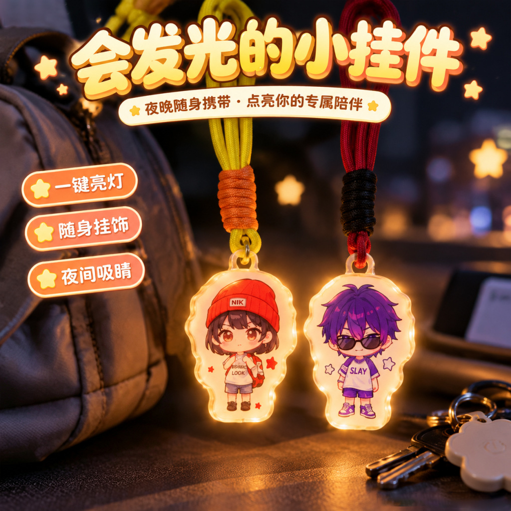 Custom-made acrylic luminous pendants, including celebrity and anime-themed concert merchandise, backpack charms, small night lights, and keychains