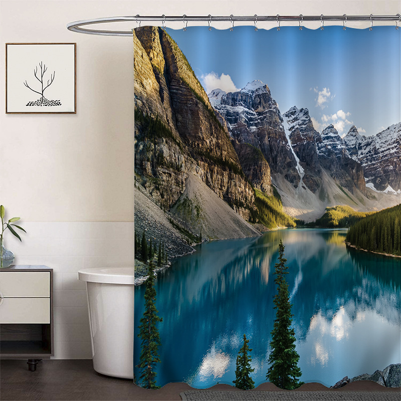 Cortina de ducha de poliéster impresa con hebilla de cortina de ducha de plástico baño cuarto de baño cortina de partición impermeable a prueba de moho