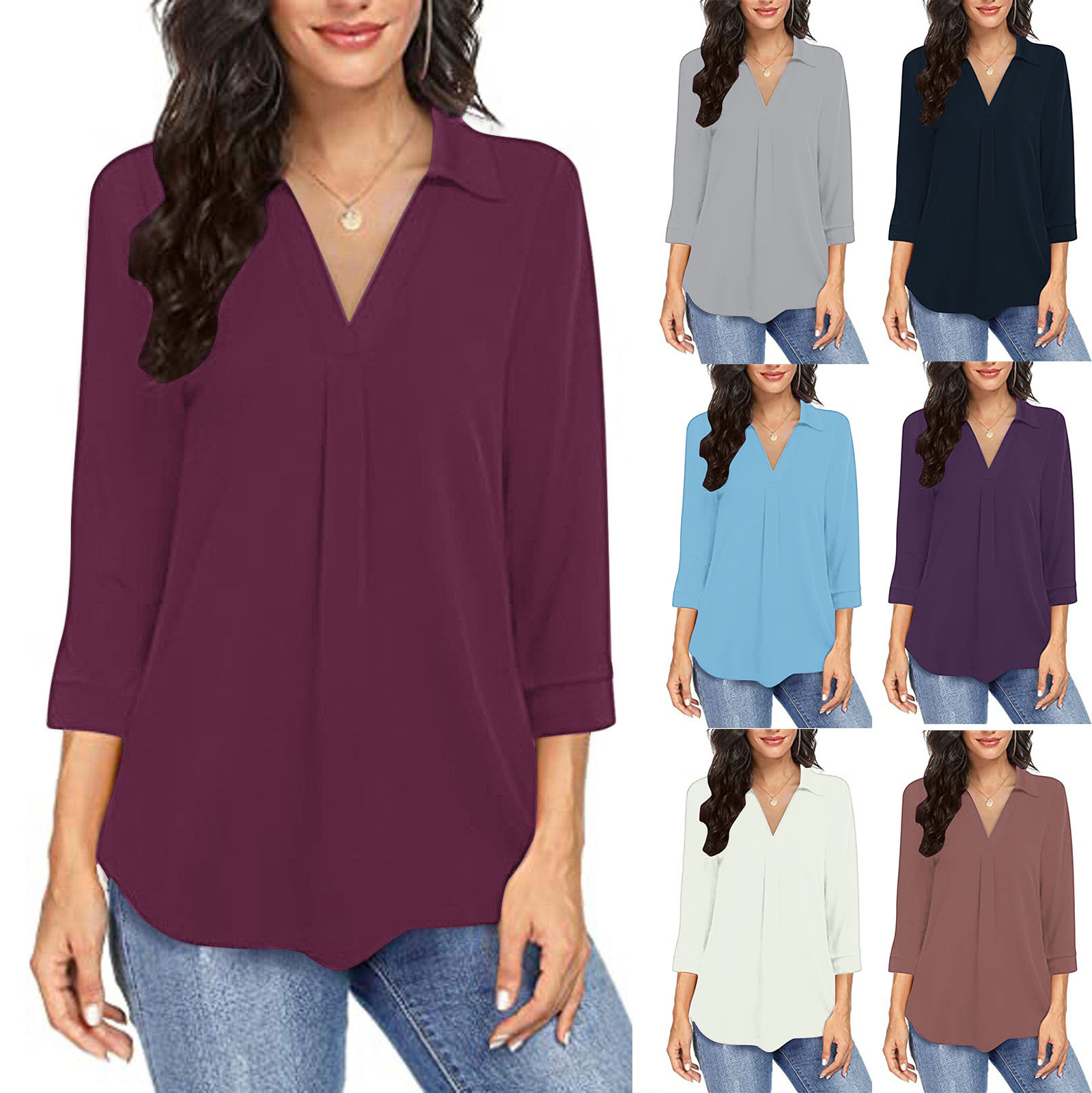 Women V Neck Loose Shirt Plus Size Solid Color Summer Top