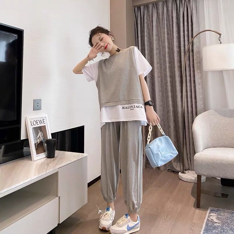Sports Casual Suit for Women 2025 New Fake Two-Piece Short-Sleeved Tops and Leggings Harem Pants Summer Two-Piece Set