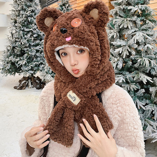24 New Warm Neck Hat 2-piece Set Bear Hat Scarf One Cute Winter Scarf Thickened Ear Protection