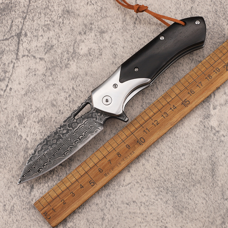 新款式大马士革钢折叠野营钓鱼生存口袋户外黑檀木柄EDC刀具