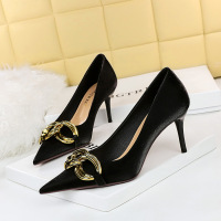 7239-A1 European and American Style Fashion Banquet Women's Shoes Thin Heel High Heel Shallow Mouth Pointed Large Metal Buckle Single Shoes High Heel Shoes