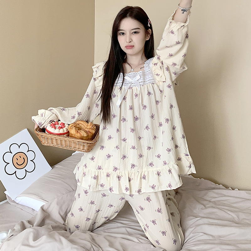 Estilo japonés simple pijamas de las mujeres tejido crepe encaje algodón pullover manga larga Otoño e Invierno dulce desgaste del hogar traje